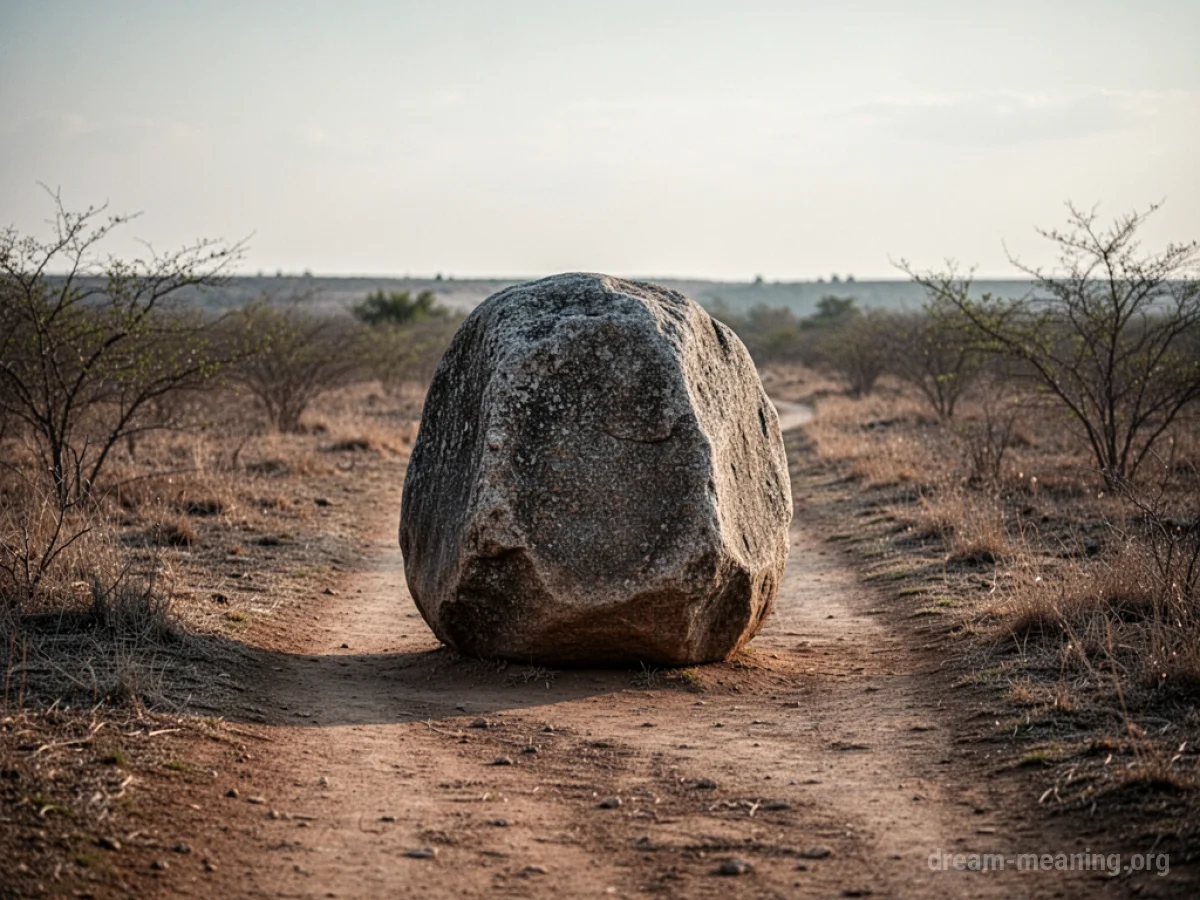 A large grey stone obstructs a dusty trail.