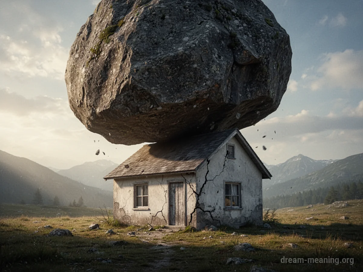 A large rock looms over a house with visible cracks.