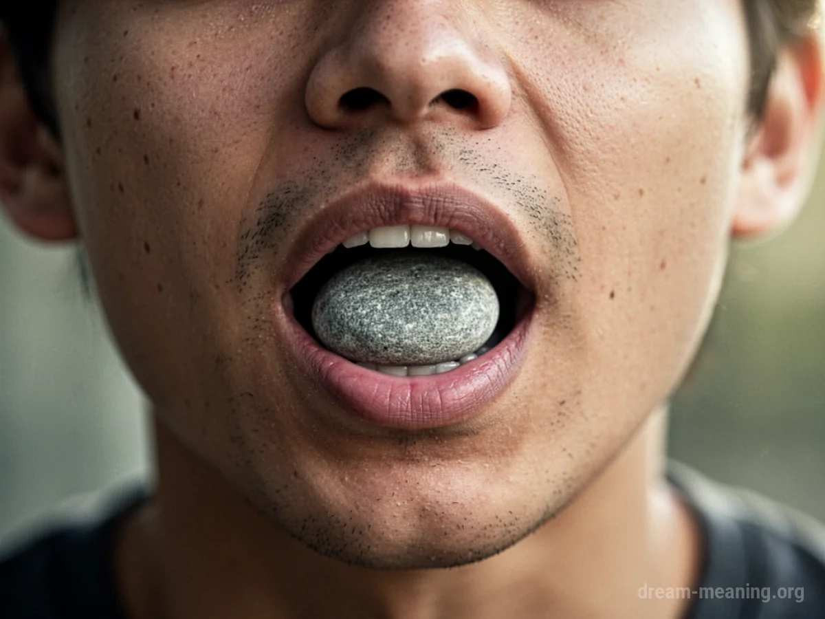 Close-up of a person's open mouth with a rock resting on their tongue.