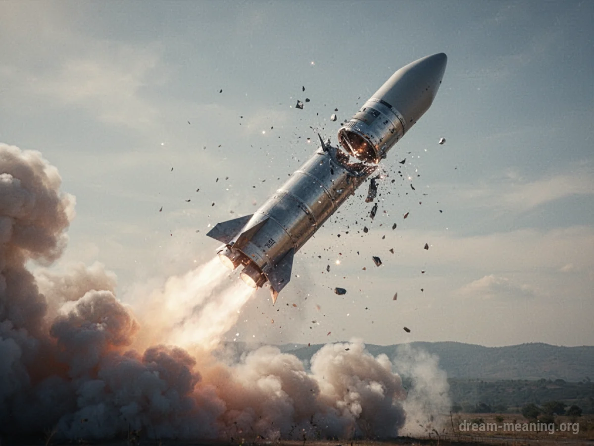 A rocket breaking apart in mid-air with smoke trailing behind it.