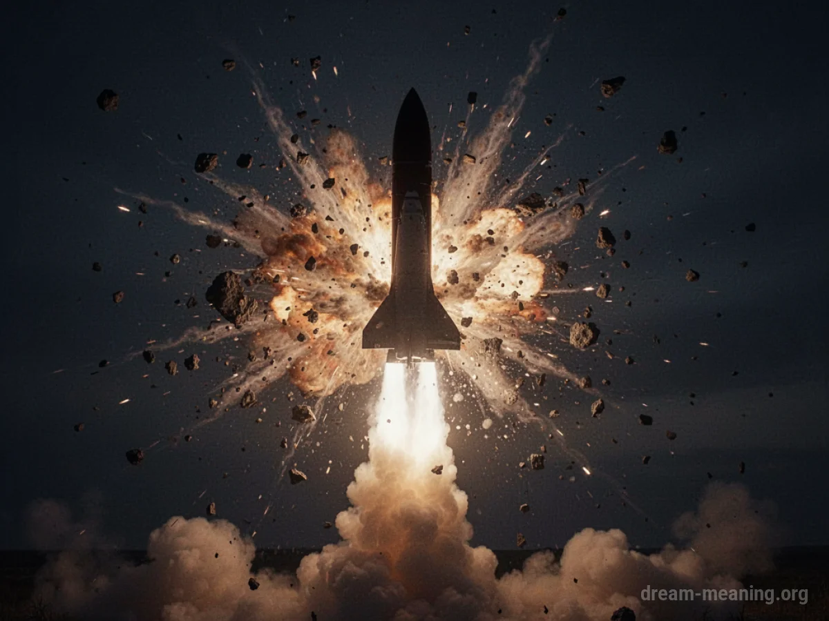 A rocket erupts in a fiery explosion against a dark night sky, with fragments breaking off.