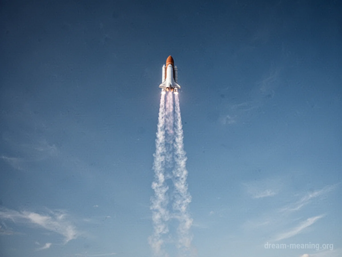 A distant rocket ascends into a clear blue sky.
