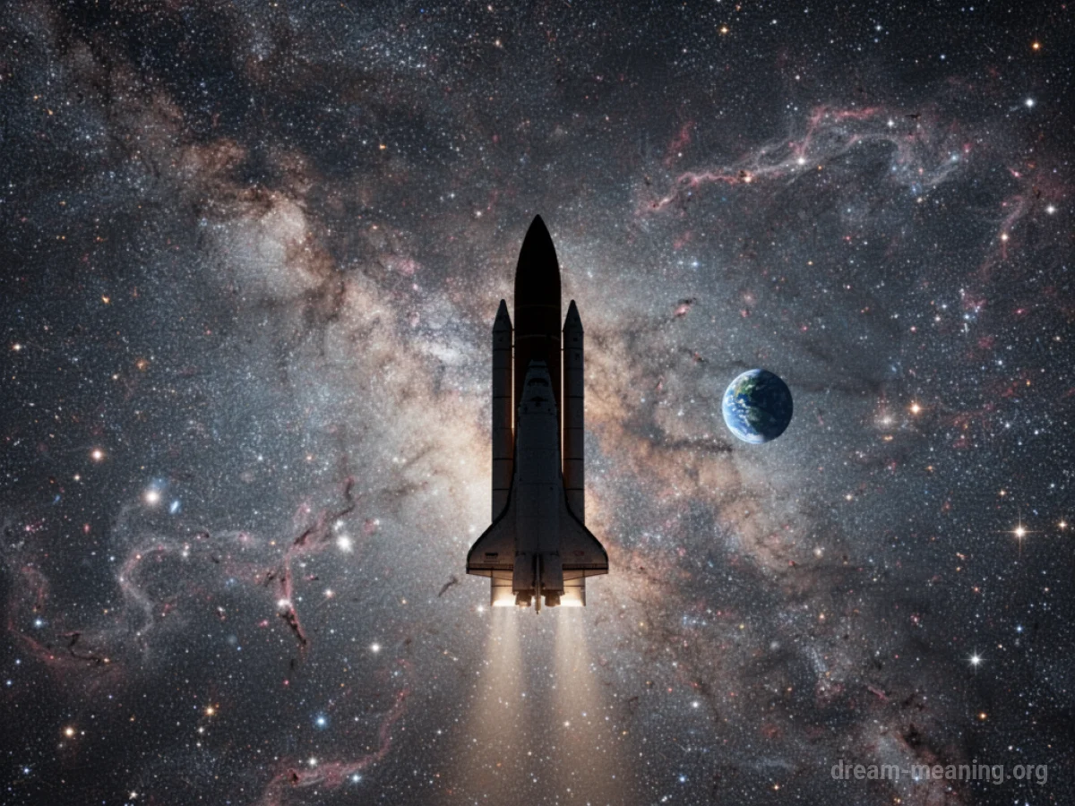 A lone rocket drifts through a starfield with a distant planet.