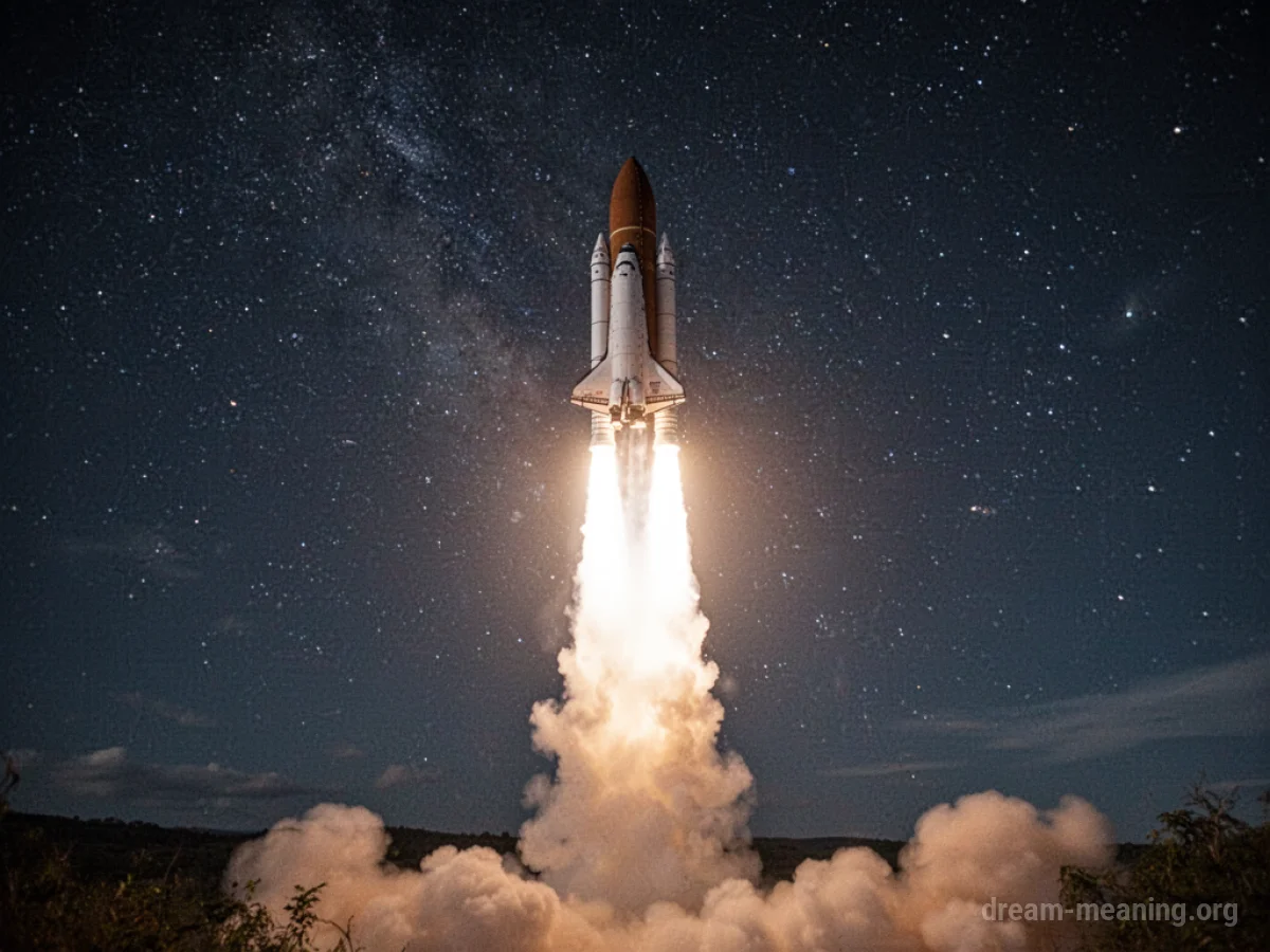 A rocket launching upwards into the night sky.