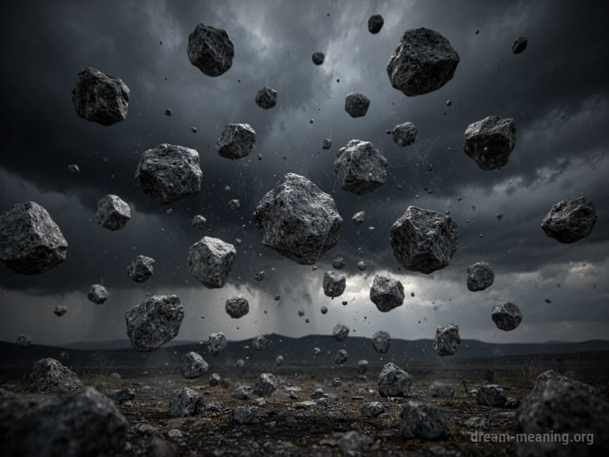 Grey rocks falling from a dark, cloudy sky.