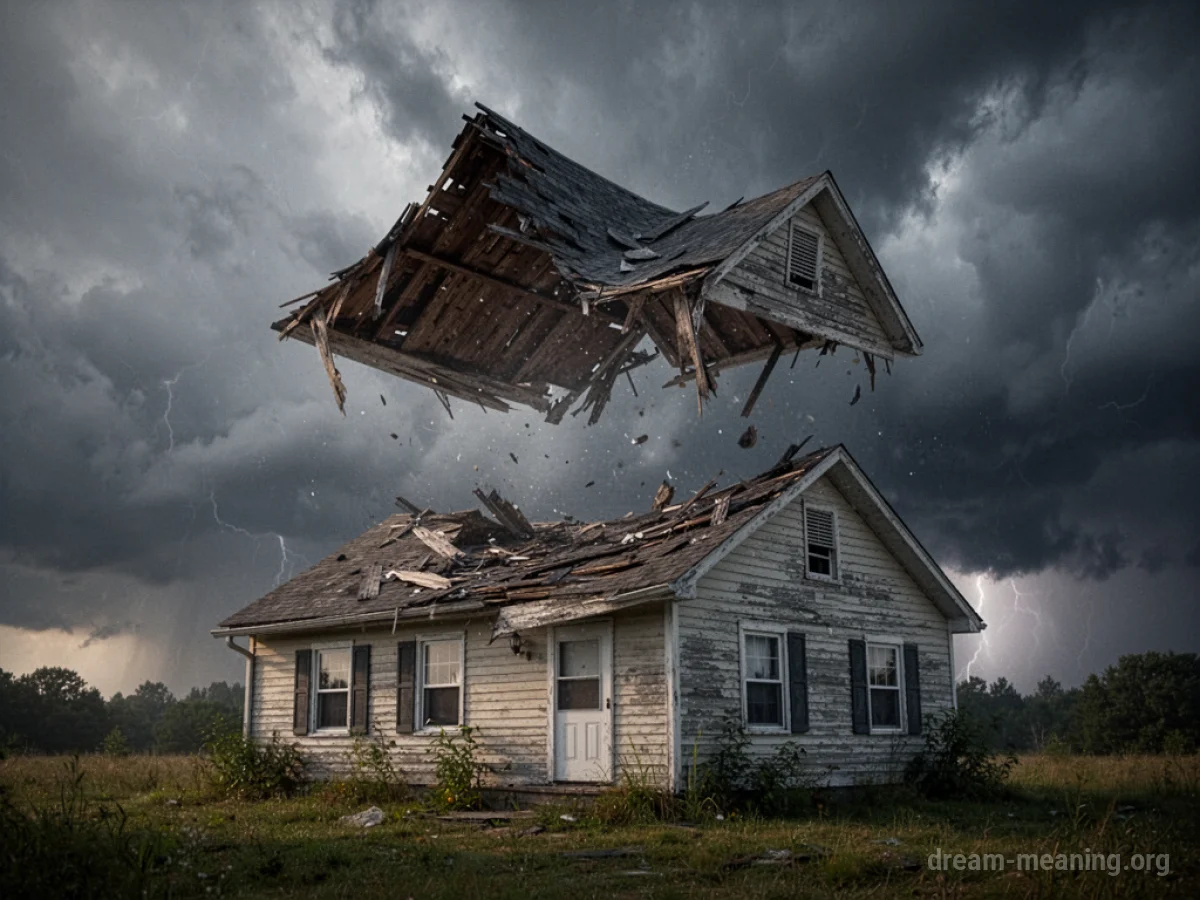 A house missing its roof, with the roof section floating upwards into a cloudy sky.