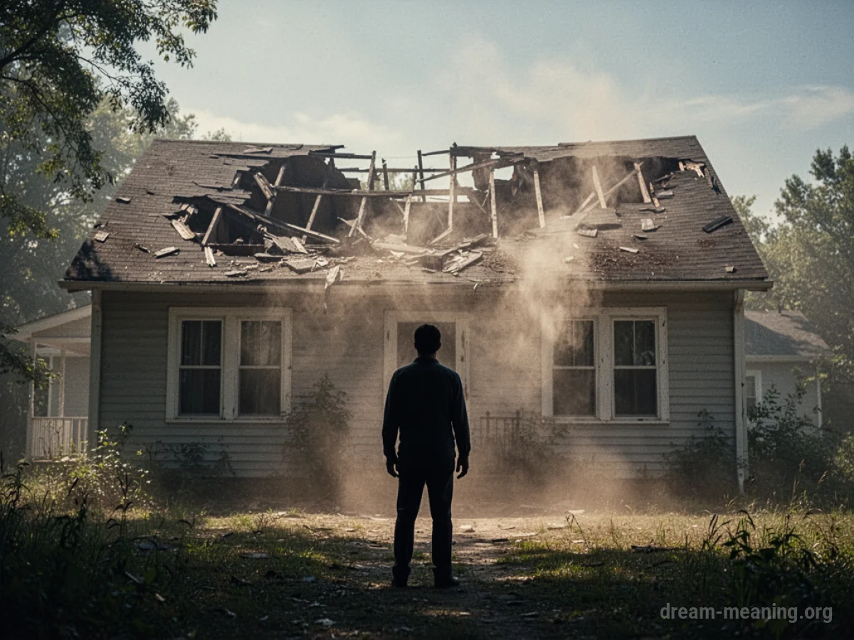 Silhouette of a person standing in front of a damaged house with a collapsed roof.