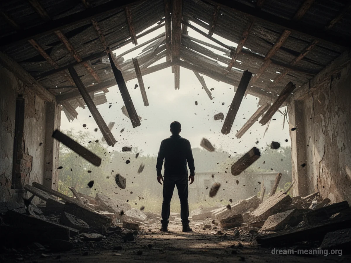 A person standing under a damaged roof with debris falling.