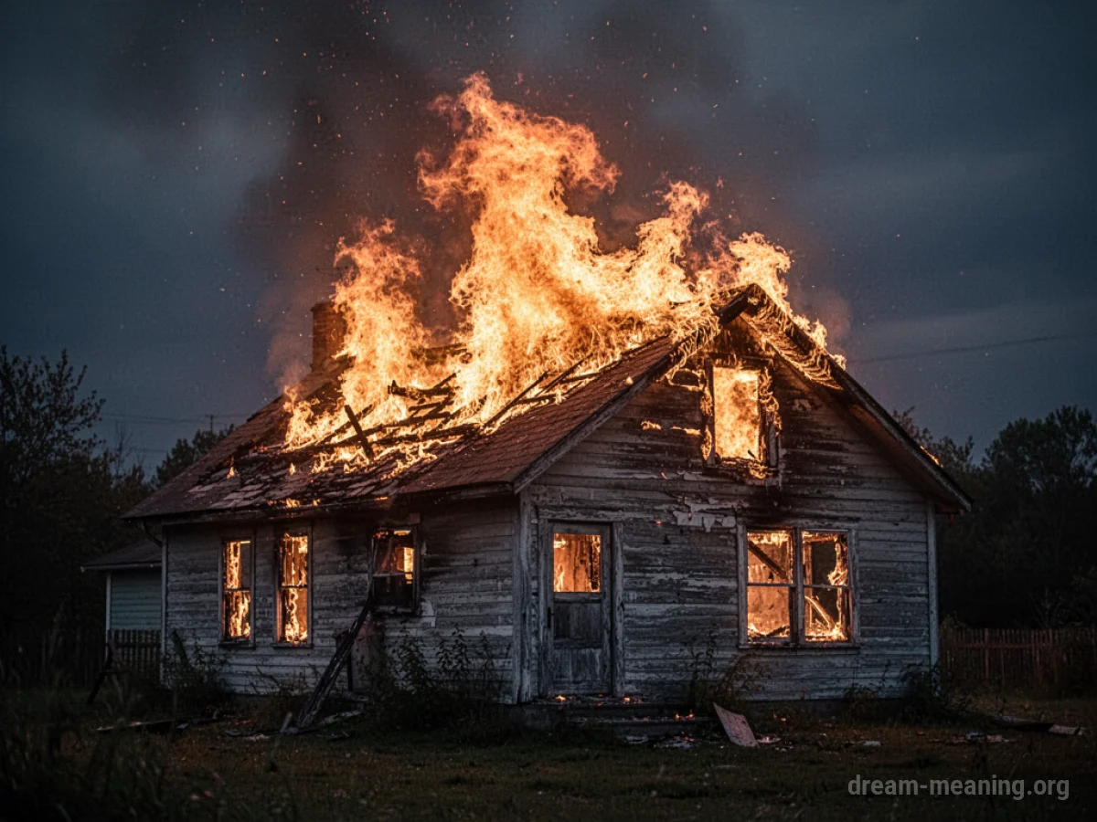 Flames engulfing the roof of a house.