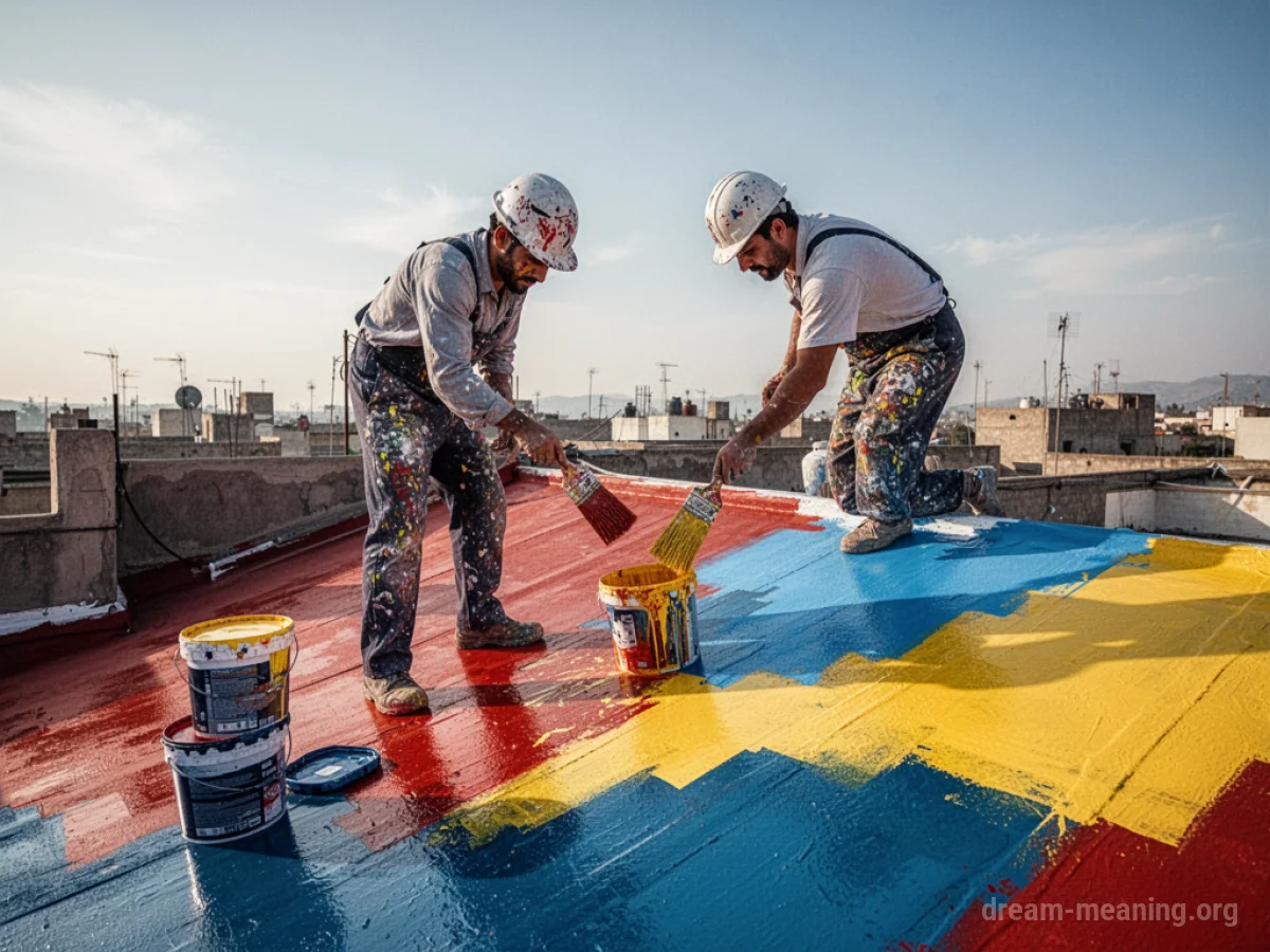 A close-up view of a person painting a roof with a brush.