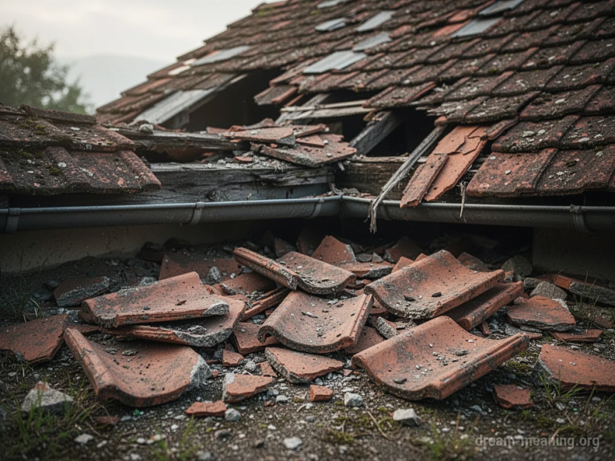 Broken roof tiles lying on the ground.