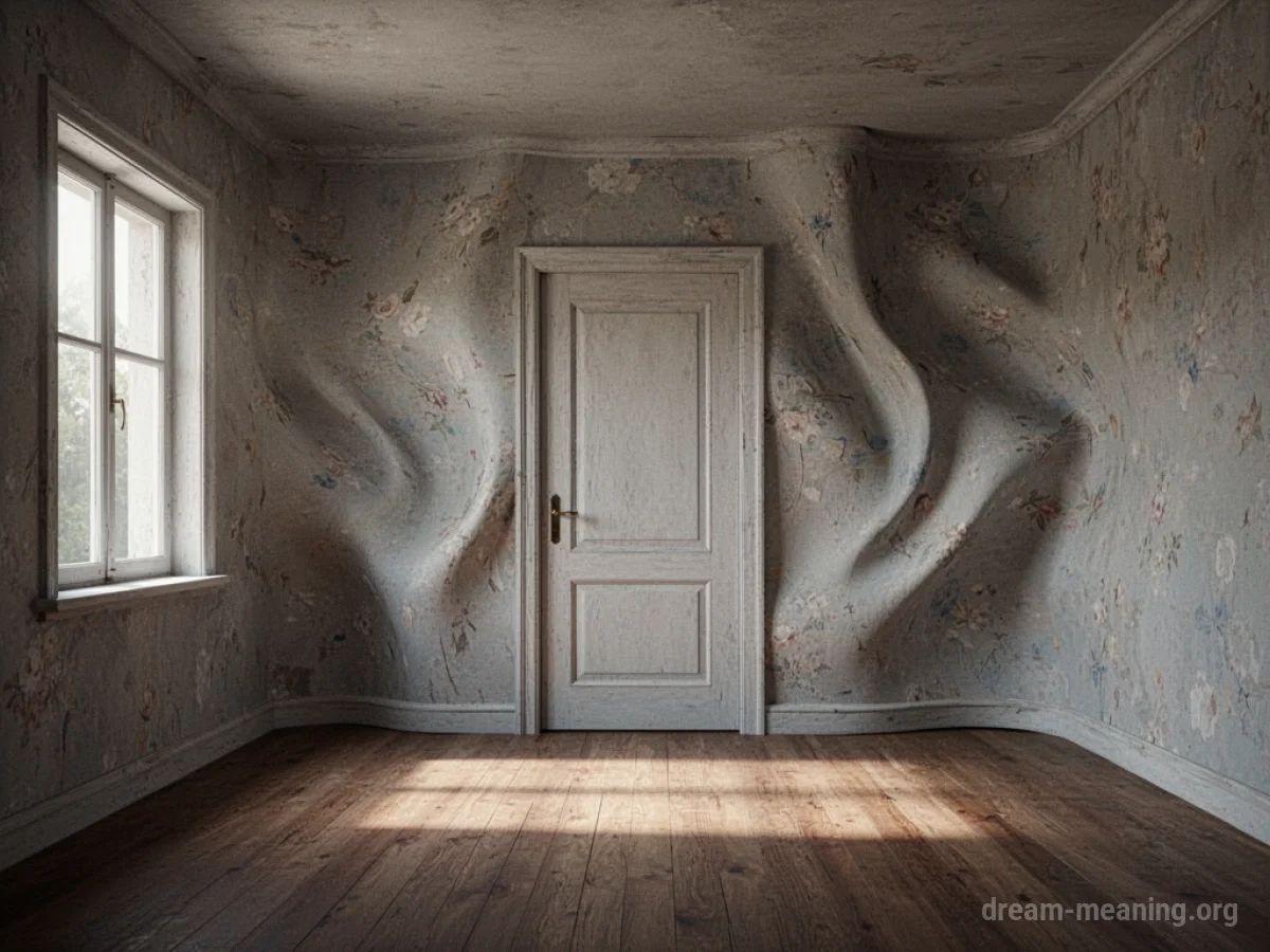 Interior of a room with walls that appear to be bending and reshaping.
