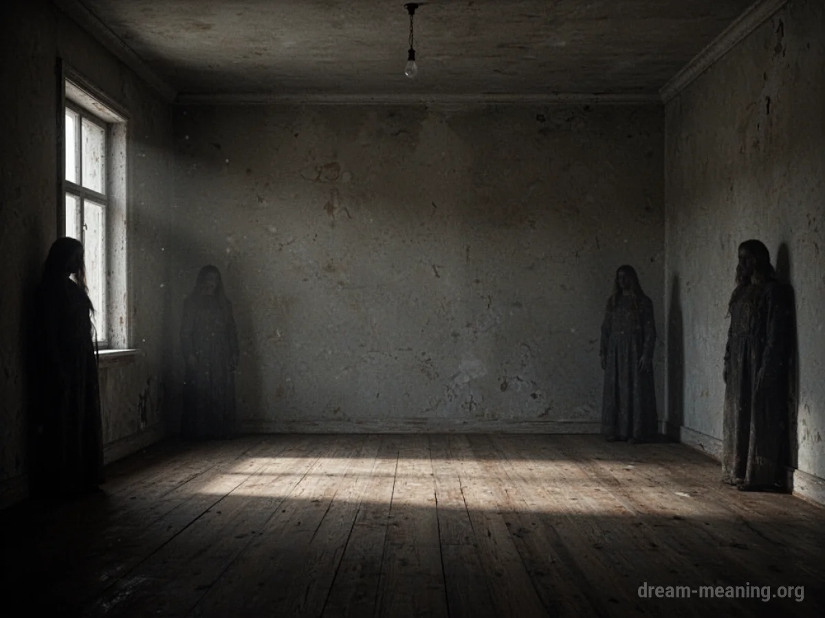 An empty, dark room with indistinct, shadowy shapes.