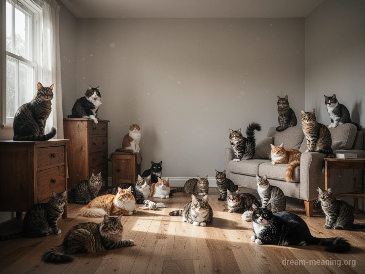 An empty room filled with numerous cats of different breeds and colors.