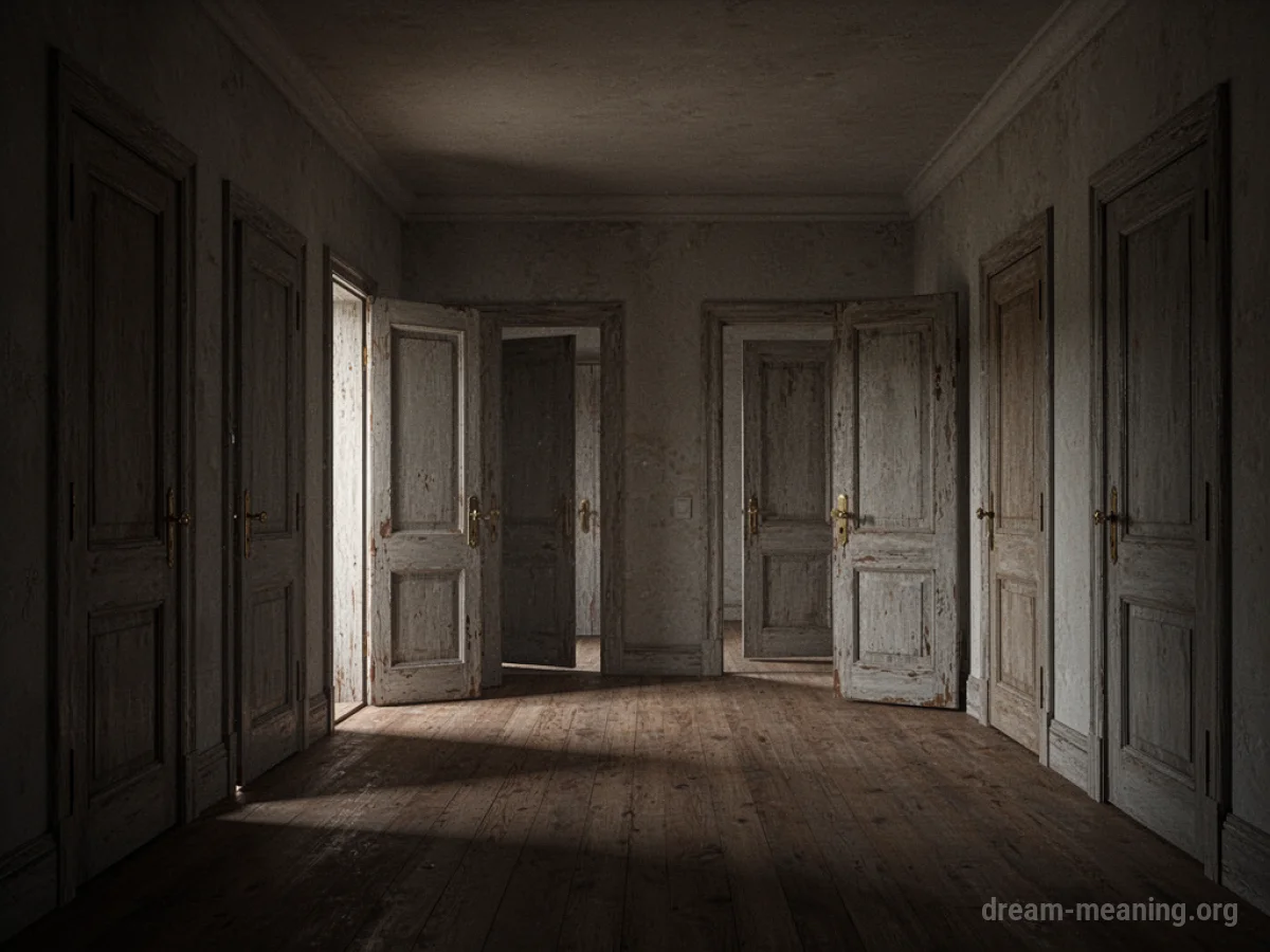 Interior of a room with many doors on the walls.