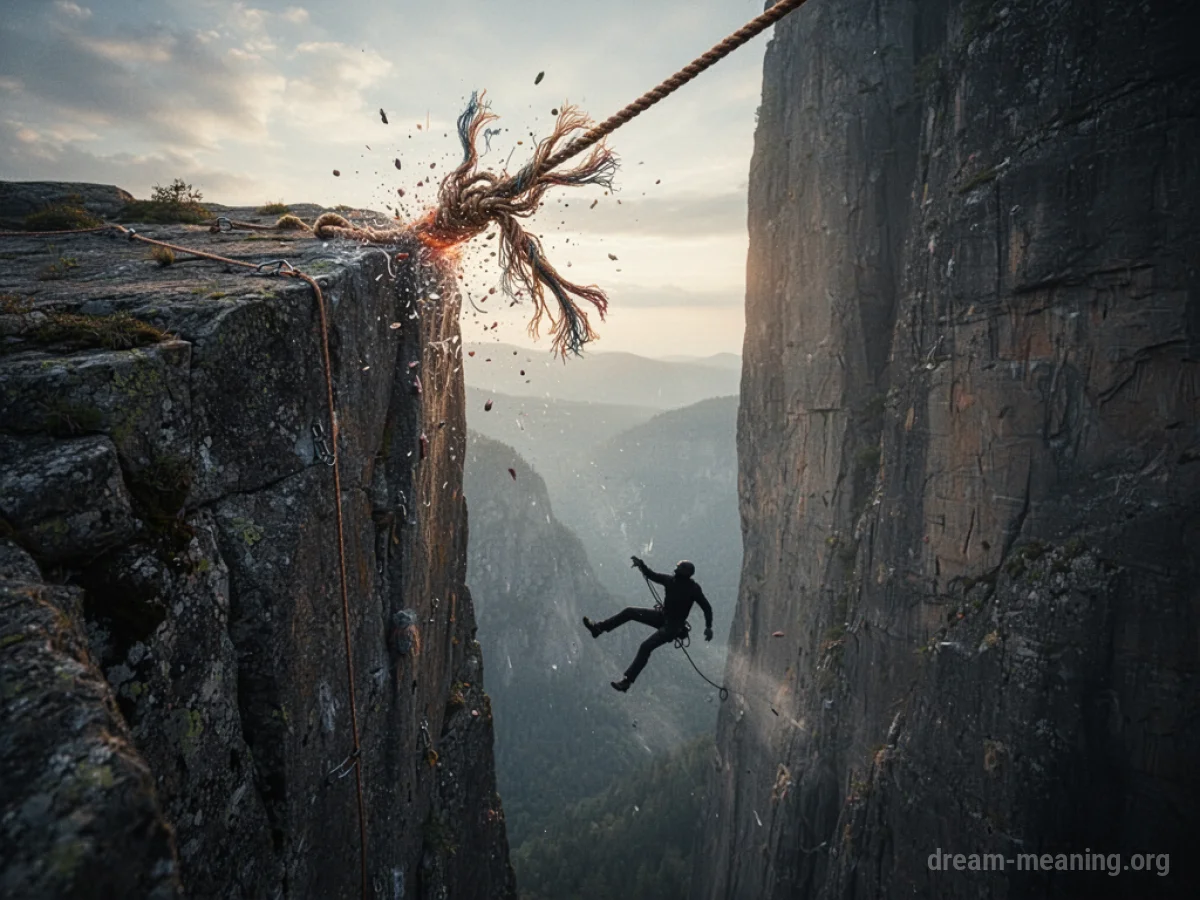 A frayed rope snapping as a climber falls from a cliff.