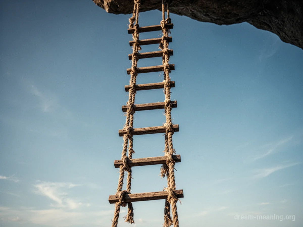 A rope ladder suspended against a blue sky.