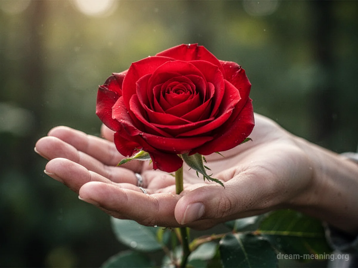 A close-up view of a hand holding a single red rose.