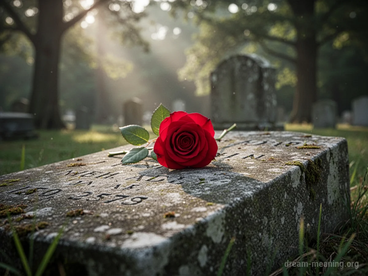 A solitary rose lies upon a tombstone.