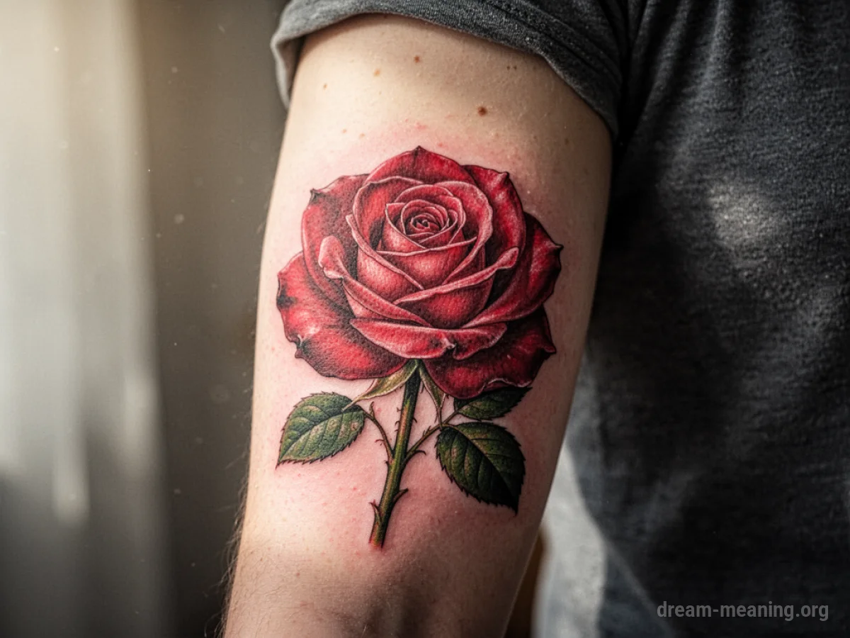 Close-up of a rose tattoo on an arm.