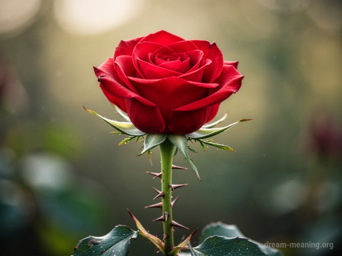 A red rose stem with prominent sharp thorns.