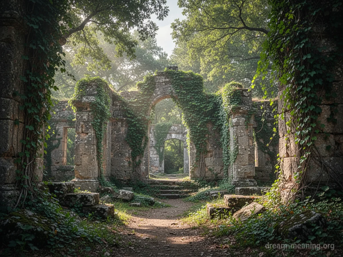 Stone ruins overgrown with green plants and trees.