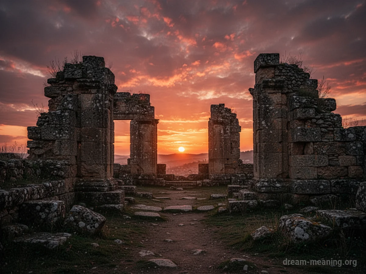 Stone ruins silhouetted against a fiery sky.