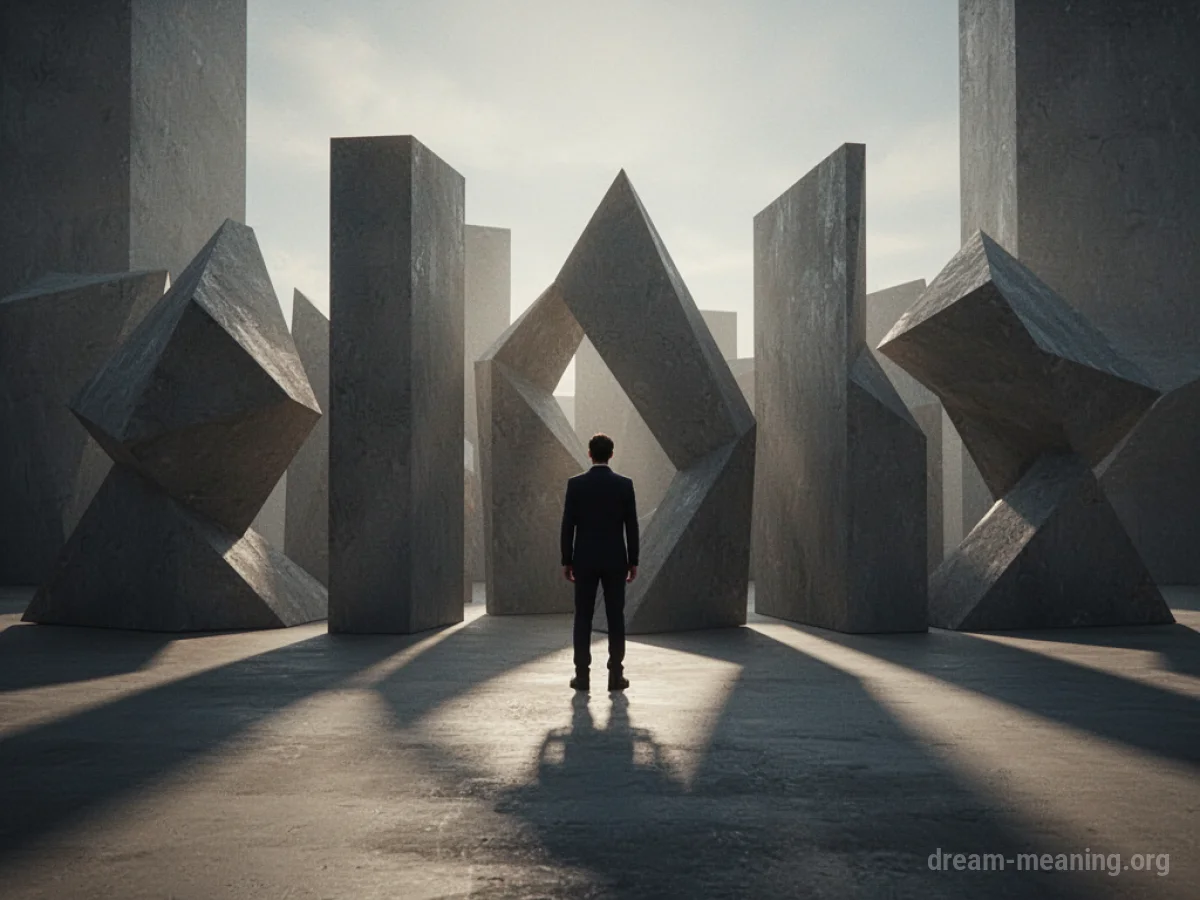 A person standing in front of abstract, shadowy shapes.