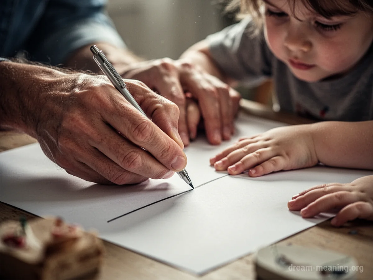 Parent guiding child's hand to draw a line.