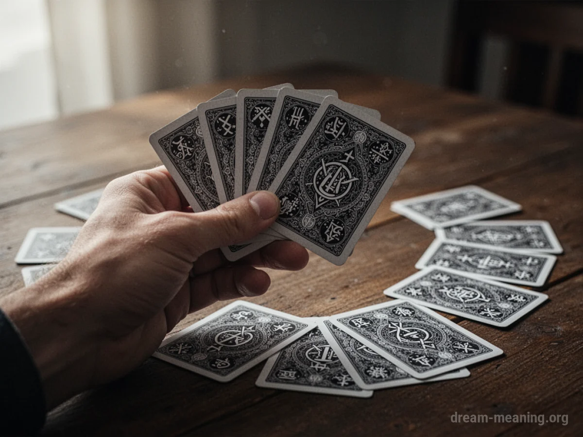 A hand holding game cards on a table.