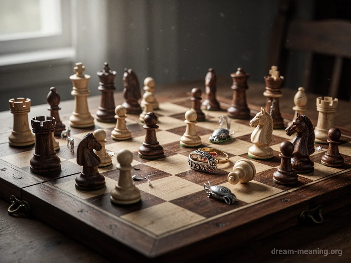 A chessboard with a mix of chess pieces and everyday objects scattered across the board.