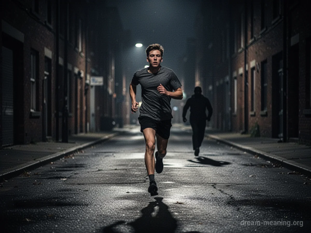 Silhouette of a person fleeing down a dark street with a distant shadowy figure.