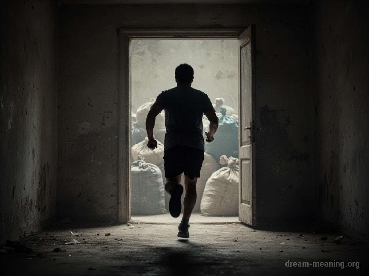Silhouette of a person fleeing from an open doorway.
