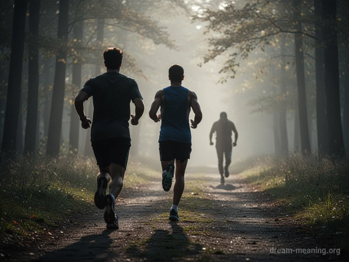 Silhouette of one person running away from another figure.