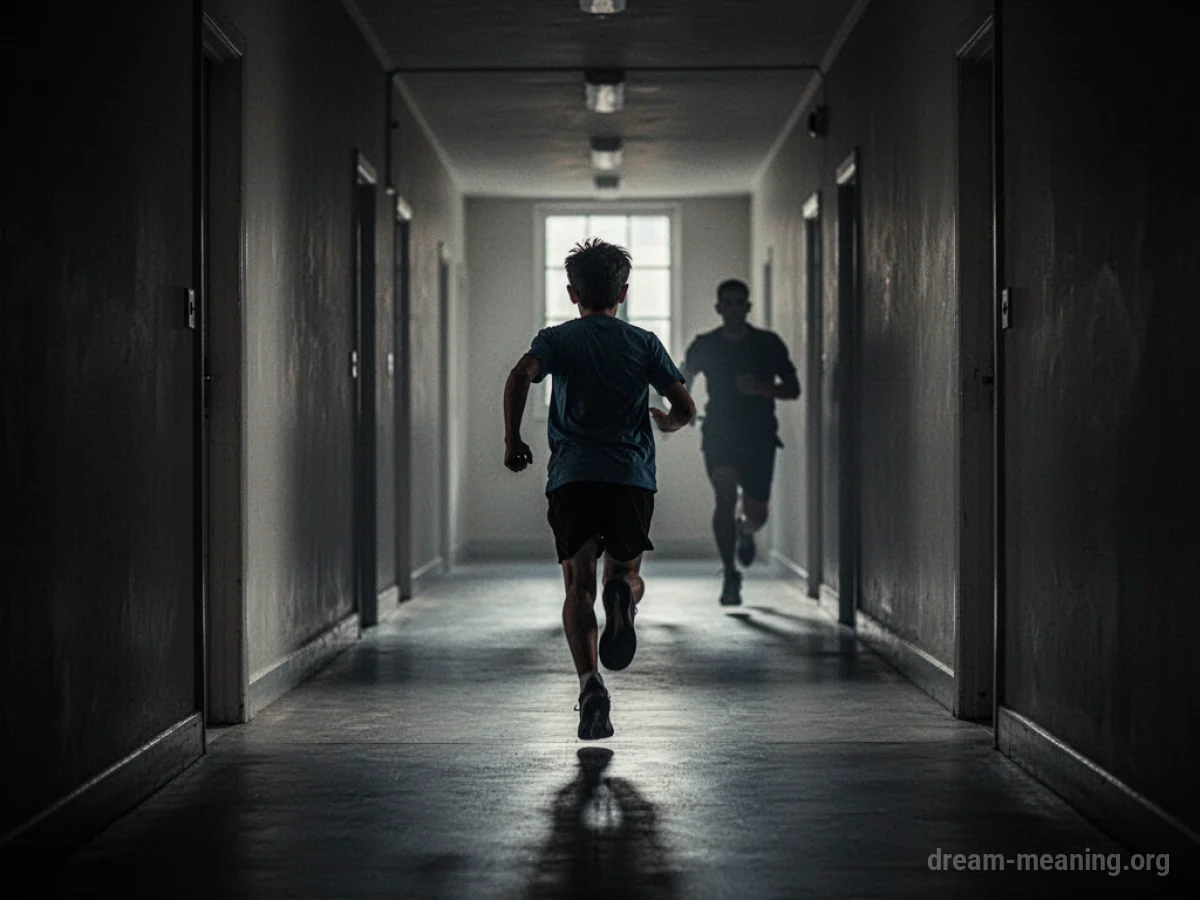 A person running away from a distant, indistinct figure down a dark hallway.