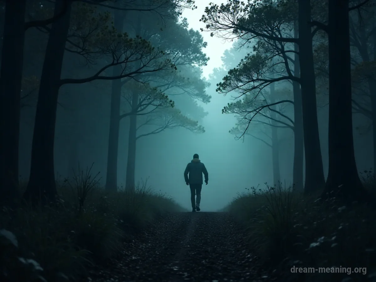 Silhouette of a person running away from a large, indistinct shadowy shape in a dark, foggy forest.