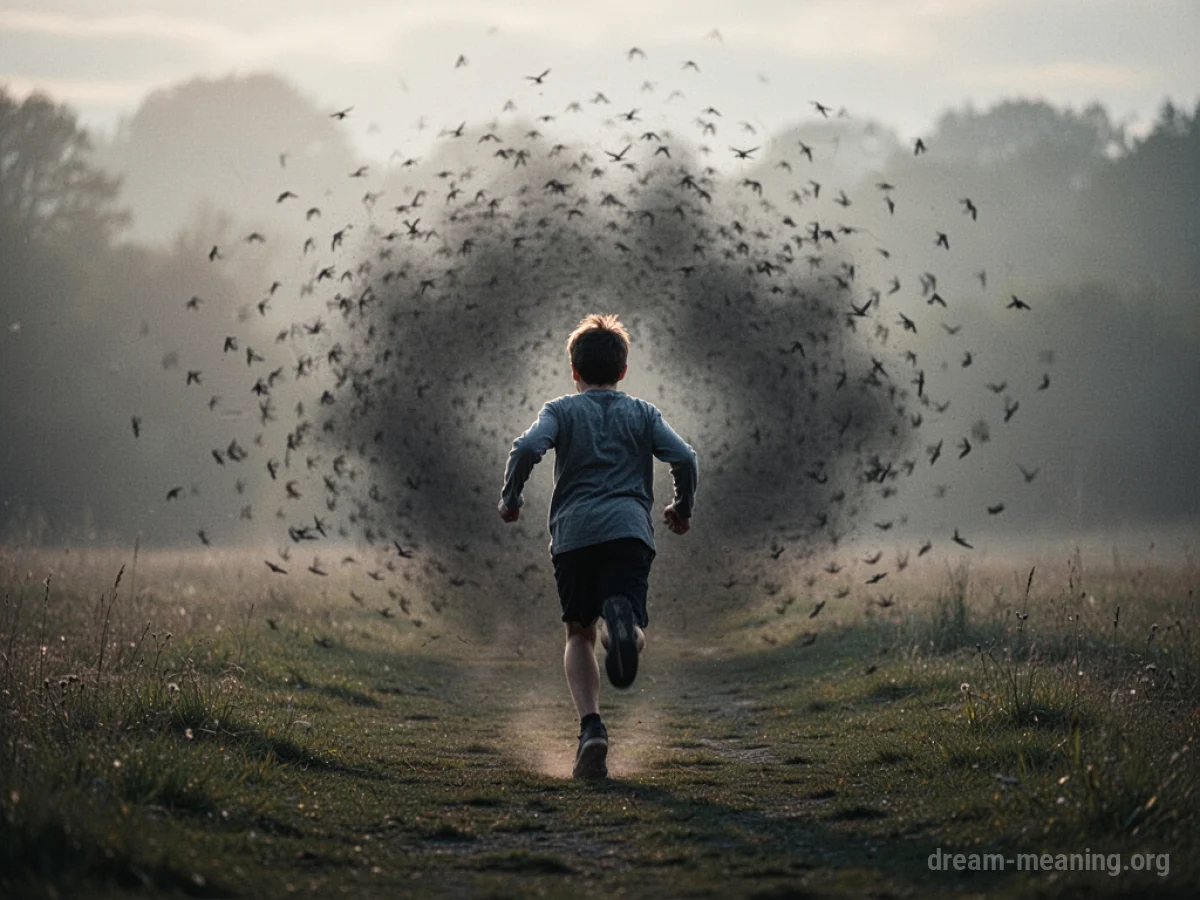 A person running across an open field with small dark shapes behind them.