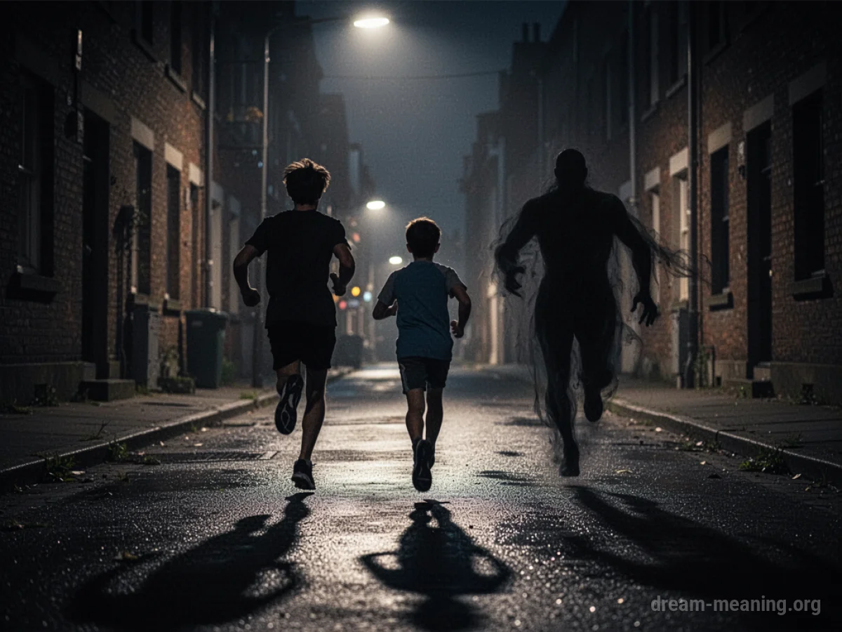 Silhouette of a person running down a dark street with a shadowy figure behind them.