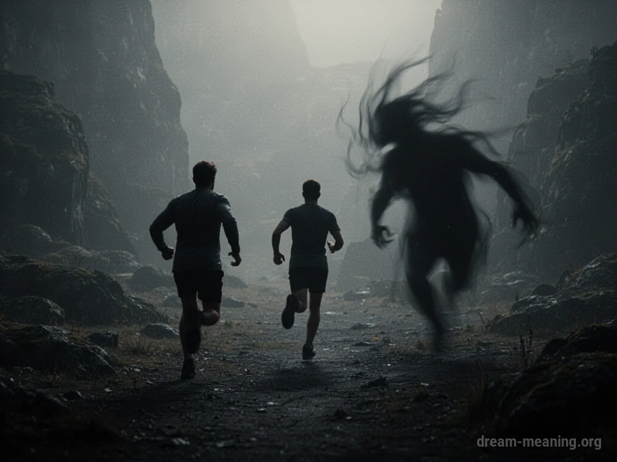 Silhouette of a person running away from a dark, undefined figure in a somber setting.
