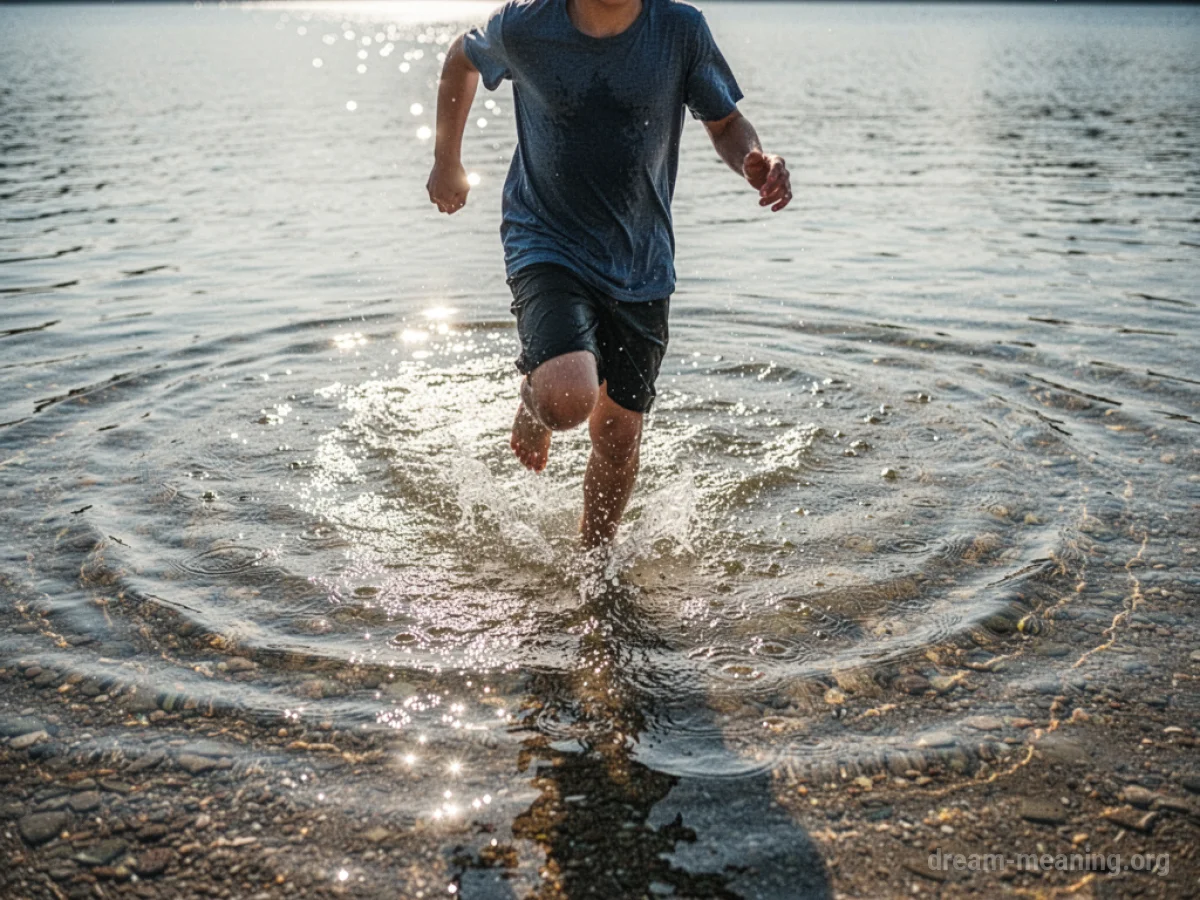A person running through water that comes up to their knees.
