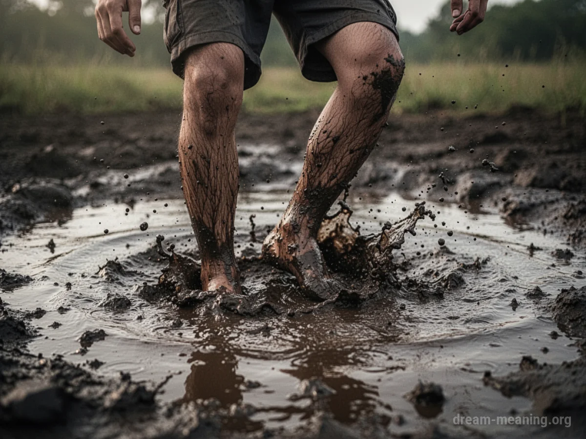 Feet and legs sinking into thick mud.