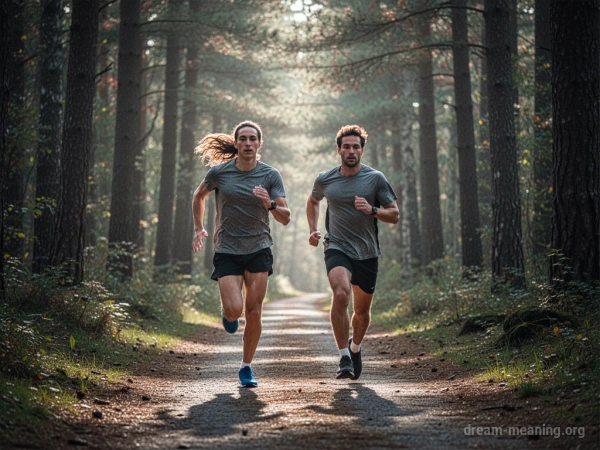 Two people running on a forest path, one slightly ahead.