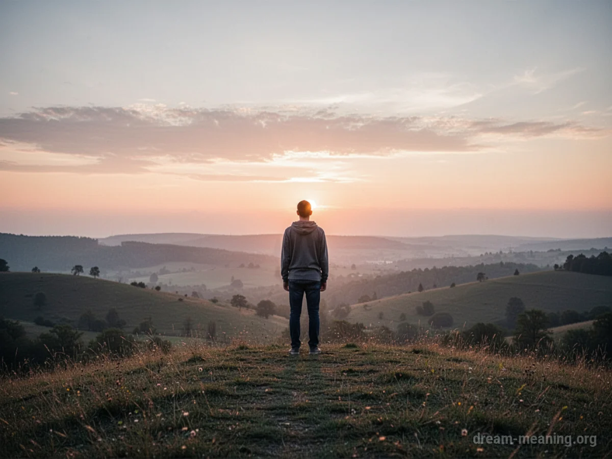 A person standing on a hilltop, looking out at a peaceful sunset.