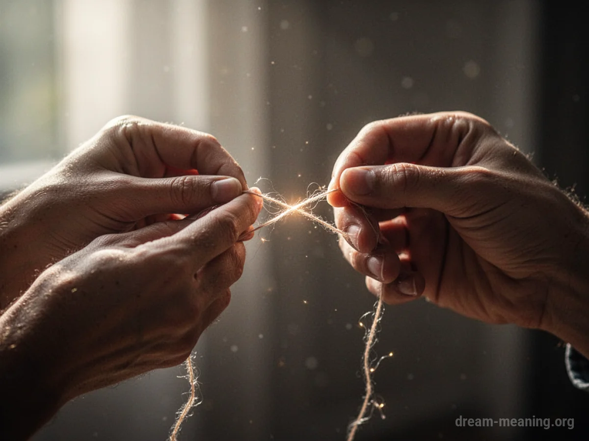 Two hands holding and carefully repairing a glowing thread.