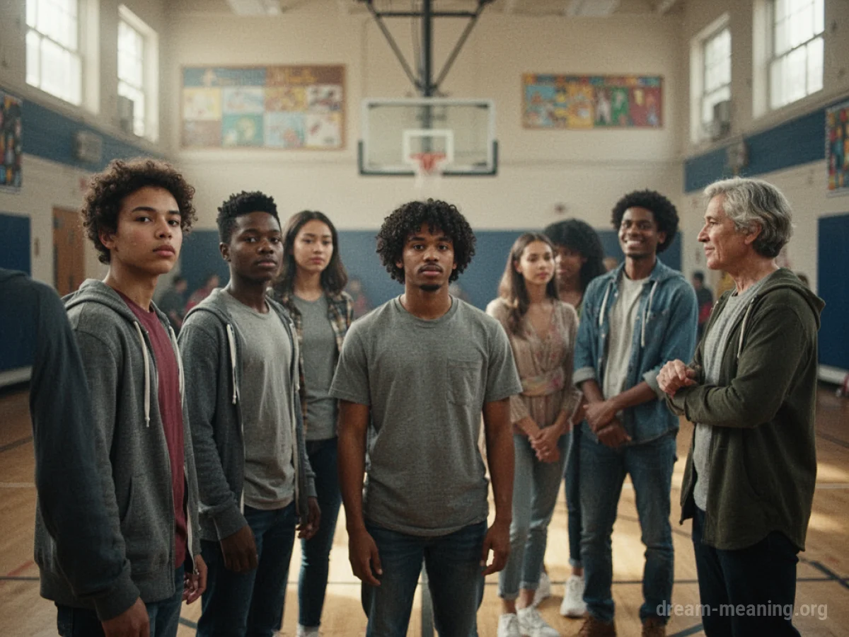 A group of people gathered in a school gymnasium, some are talking, others are looking around.