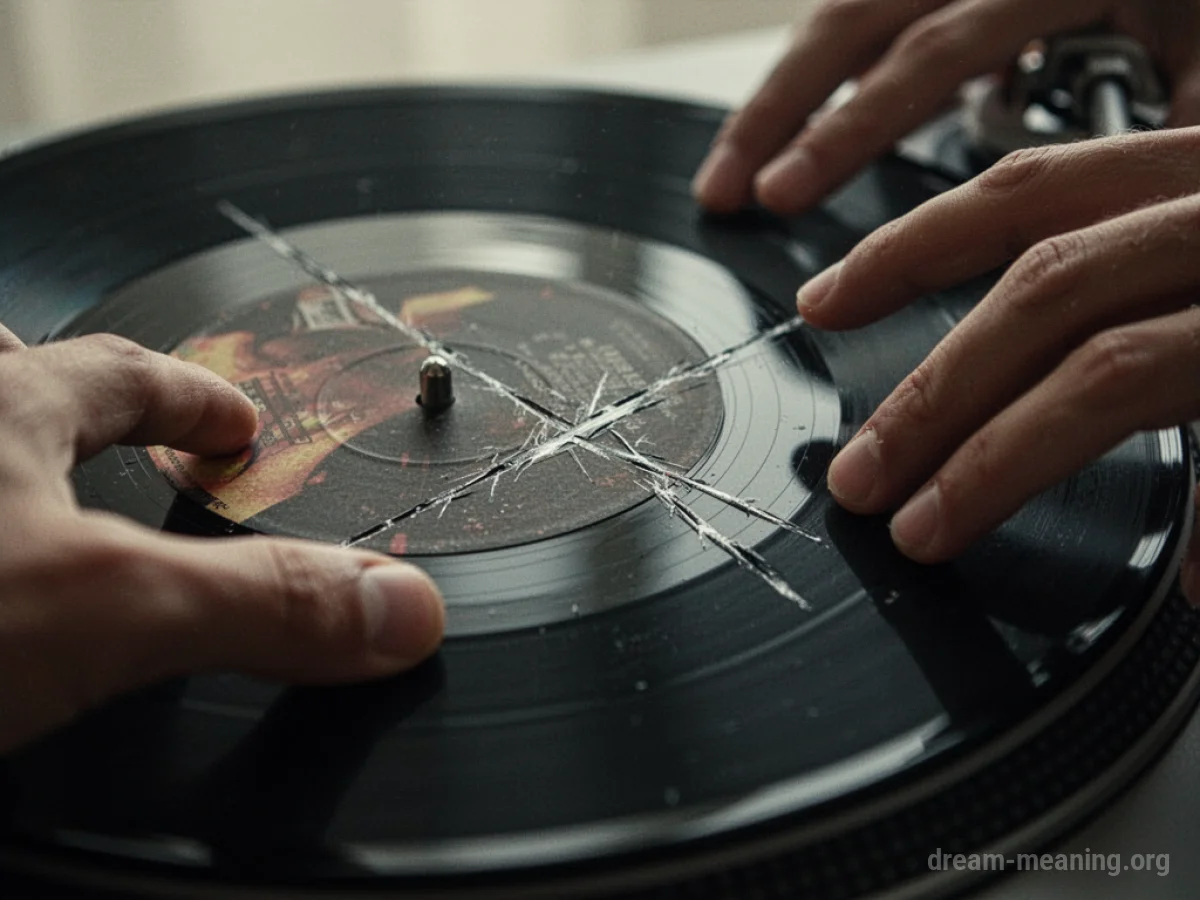 A vinyl record with a prominent scratch.