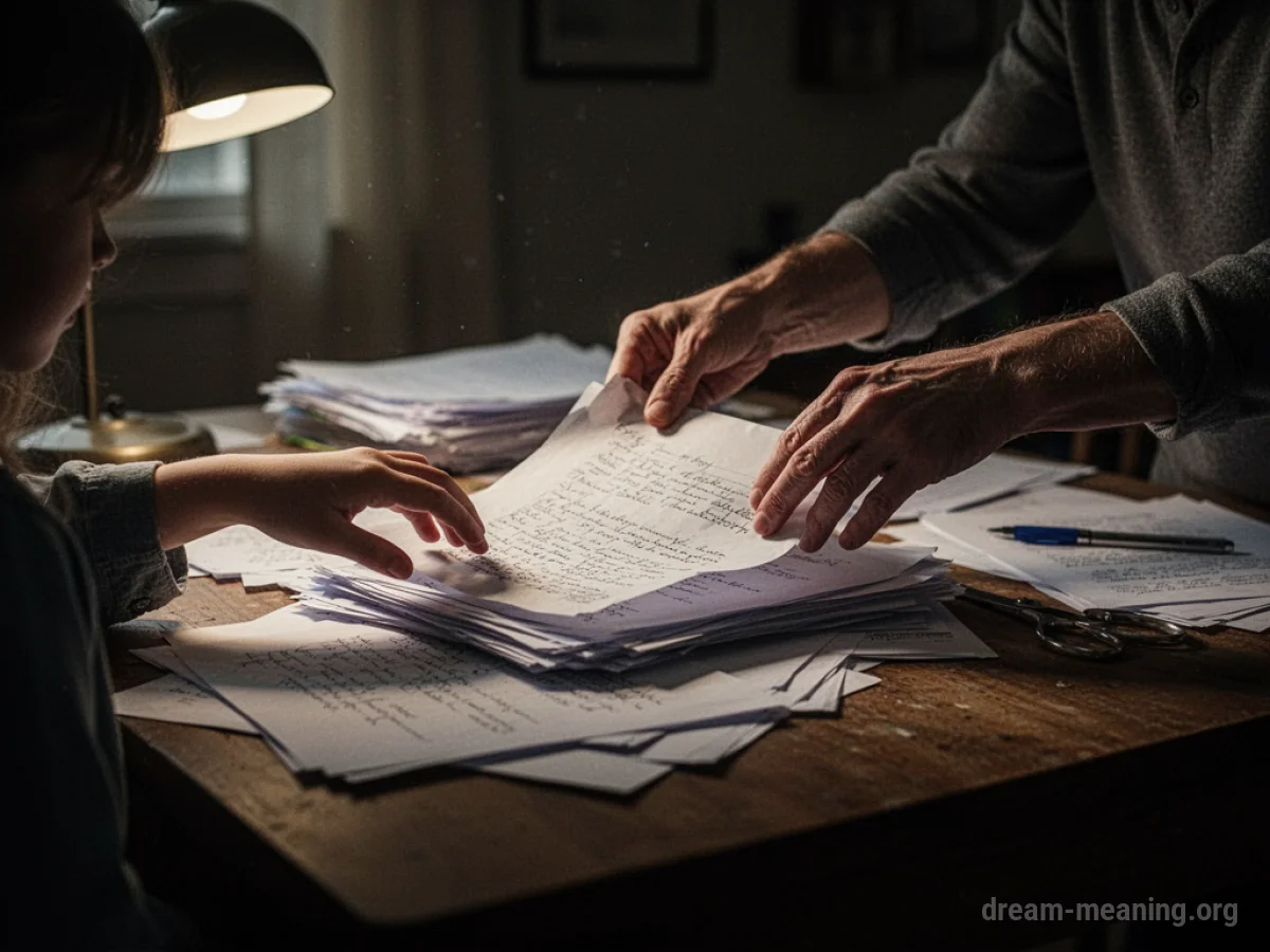 Hands sifting through papers on a desk in a dimly lit room.