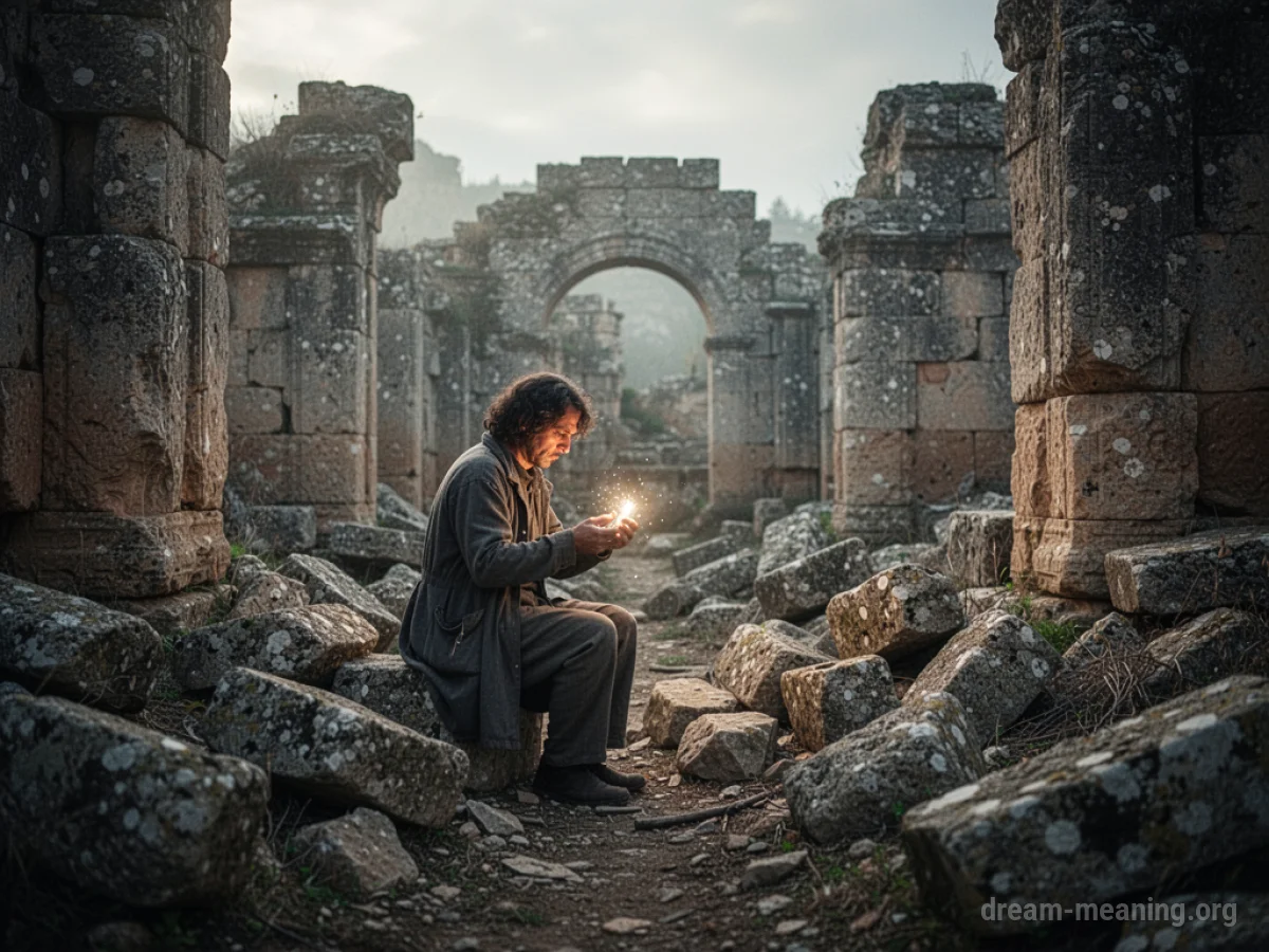 A person looking through broken stone structures.