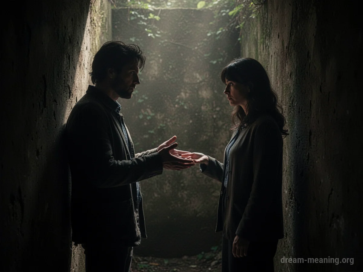 Two silhouetted figures in a dimly lit alcove, one extending a hand.