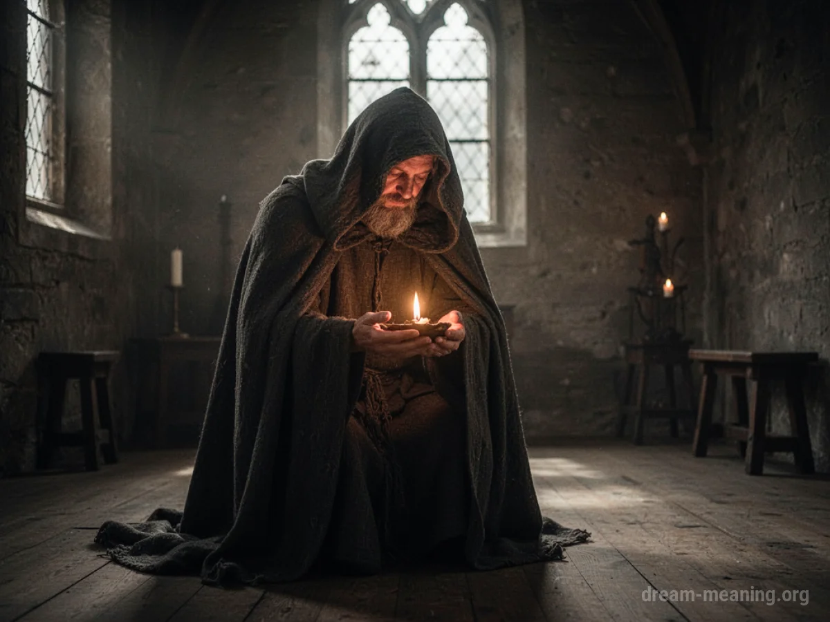 A person in a hooded robe stands in a dark room, hands hovering over a softly glowing object on a table.